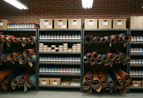 Vue d'un entrepôt organisé rempli de rouleaux de cuir de diverses couleurs disposés sur des étagères dans un espace industriel avec murs en briques.
