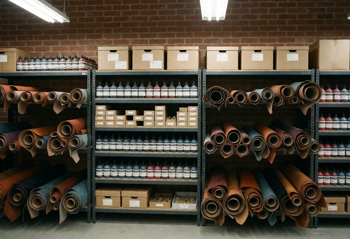 Vue d'un entrepôt organisé rempli de rouleaux de cuir de diverses couleurs disposés sur des étagères dans un espace industriel avec murs en briques.