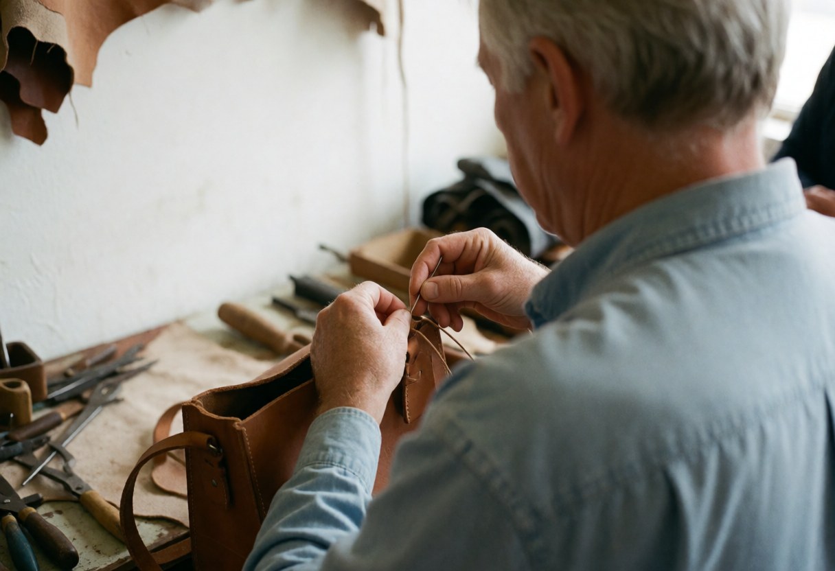 Un artisan âgé coud un sac en cuir dans son atelier, avec des outils visibles et une lumière naturelle, focalisé sur les mains et le travail manuel.