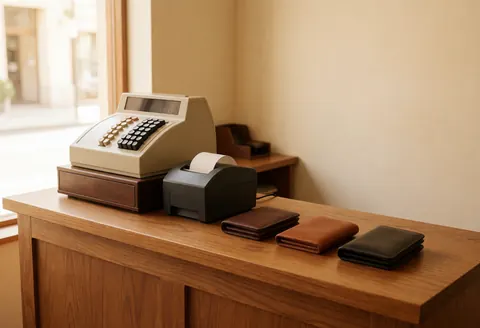 Comptoir en bois avec caisse enregistreuse, imprimante et trois portefeuilles en cuir marron, café et noir, lumière naturelle, mur beige, scène propre et professionnelle pour maroquinerie.