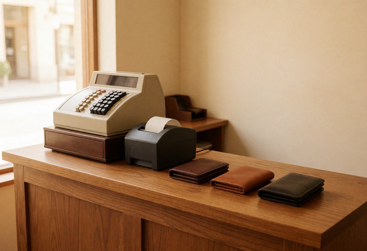 Comptoir en bois avec caisse enregistreuse, imprimante et trois portefeuilles en cuir marron, café et noir, lumière naturelle, mur beige, scène propre et professionnelle pour maroquinerie.