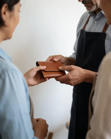 Une cliente reçoit un portefeuille en cuir cousu à la main des mains de l'artisan dans un atelier. L'image capture un échange de produit dans un cadre artisanal.