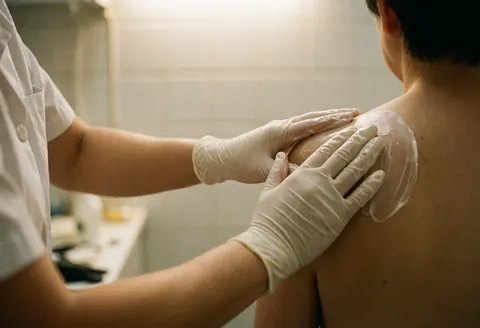 Professionnel de l'ostéopathie en gants blancs applique une crème sur l'épaule d'un patient dans un cadre clinique éclairé.