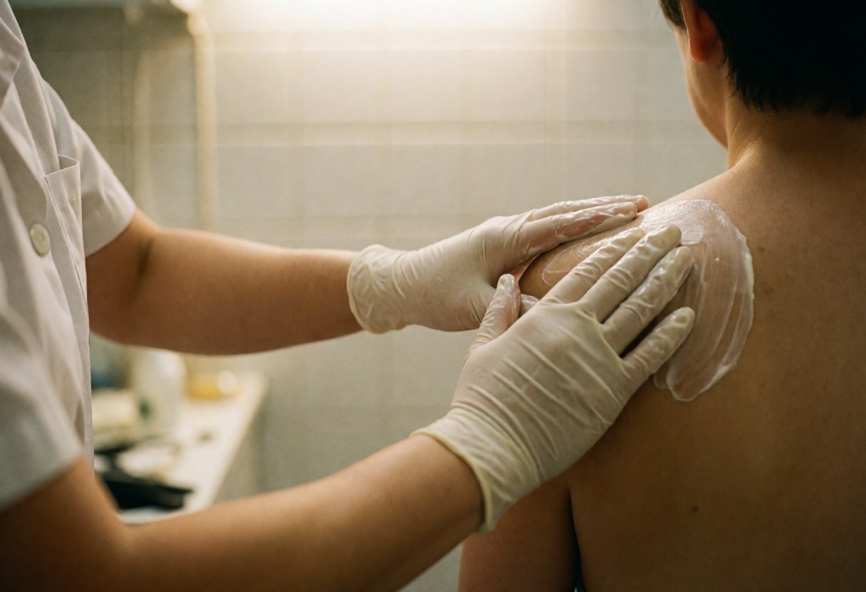 Professionnel de l'ostéopathie en gants blancs applique une crème sur l'épaule d'un patient dans un cadre clinique éclairé.