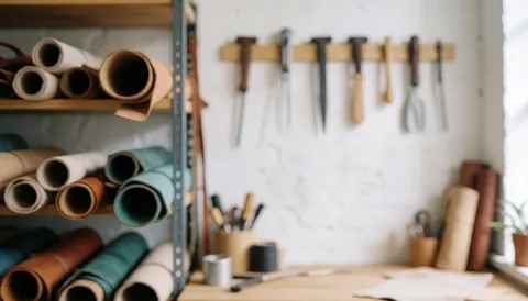 Ardoireries en cuir, outils et rouleaux sur une table en bois dans un atelier professionnel au fond flou.