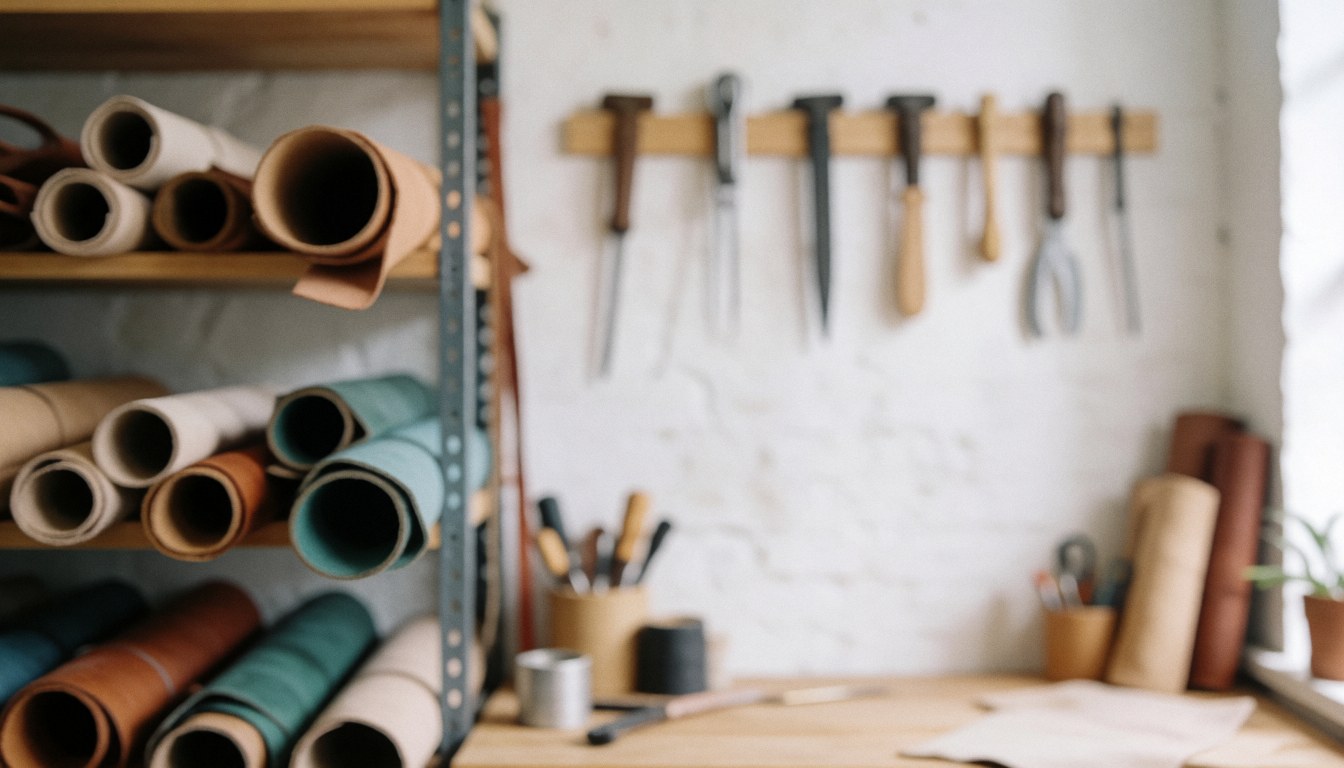 Ardoireries en cuir, outils et rouleaux sur une table en bois dans un atelier professionnel au fond flou.