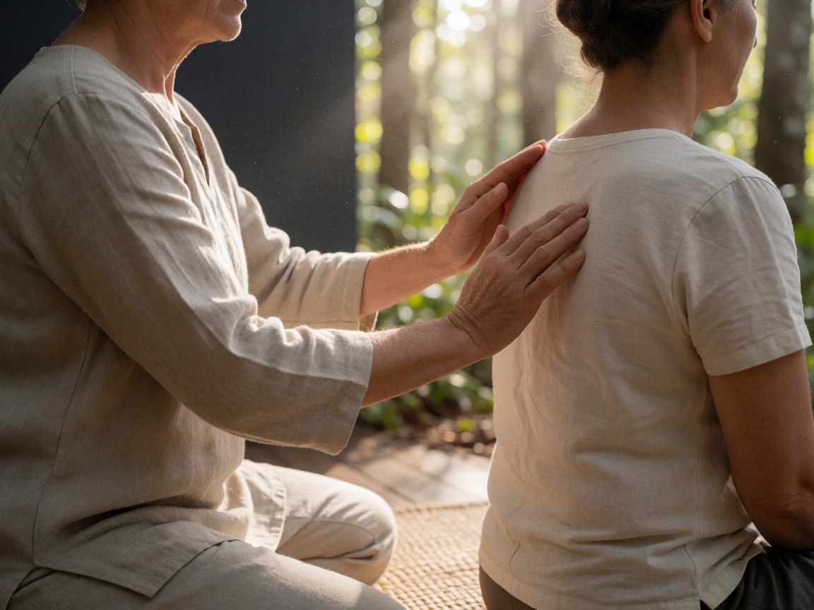 Des mains pratiquant le reiki posées sur le dos d'une personne dans un cadre forestier naturel.