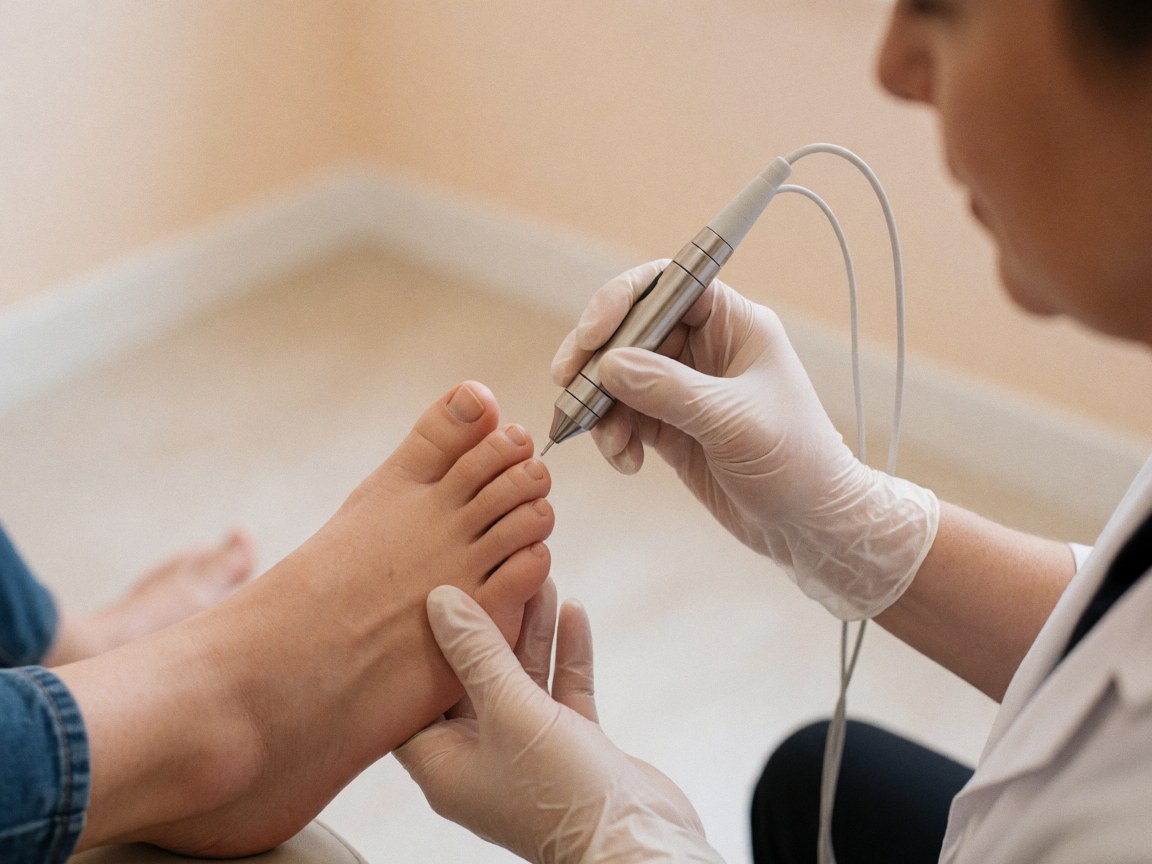 Podologue avec des gants appliquant un traitement à l'aide d'un dispositif d'iontophorèse sur le pied d'un patient dans un cadre clinique.