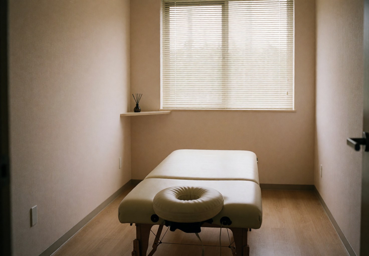 Intérieur d'une salle de massage privée et calme, équipée d'une table de massage avec coussins, sur un sol en bois, avec des murs beige et des stores fermés laissant entrer une lumière douce.