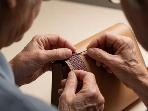 Mains d'un artisan cousant un sac en cuir avec du fil rouge et bleu dans un atelier au fond flou, mettant en valeur la précision du travail manuel.