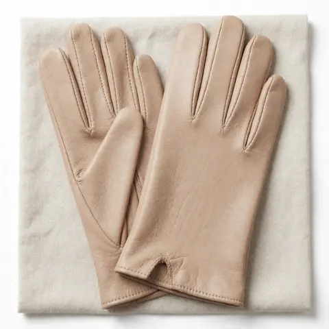 Des gants en cuir doux pliés naturellement sur une toile de lin clair, vue de dessus avec une lumière vive mettant en valeur la texture artisanale.