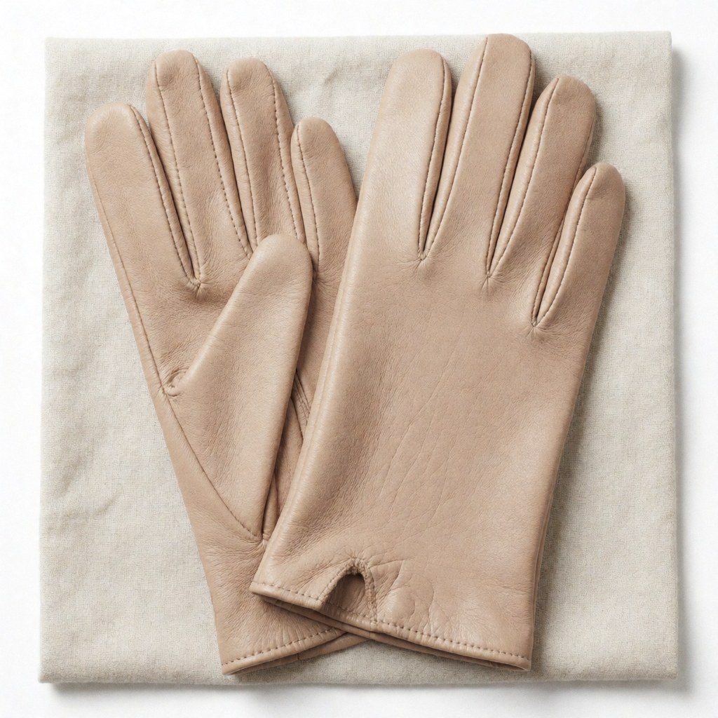 Des gants en cuir doux pliés naturellement sur une toile de lin clair, vue de dessus avec une lumière vive mettant en valeur la texture artisanale.