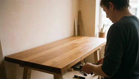 Un plan de travail en bois restauré, propre et lisse, prêt pour la livraison, posé dans un atelier avec des outils de réparation visibles.