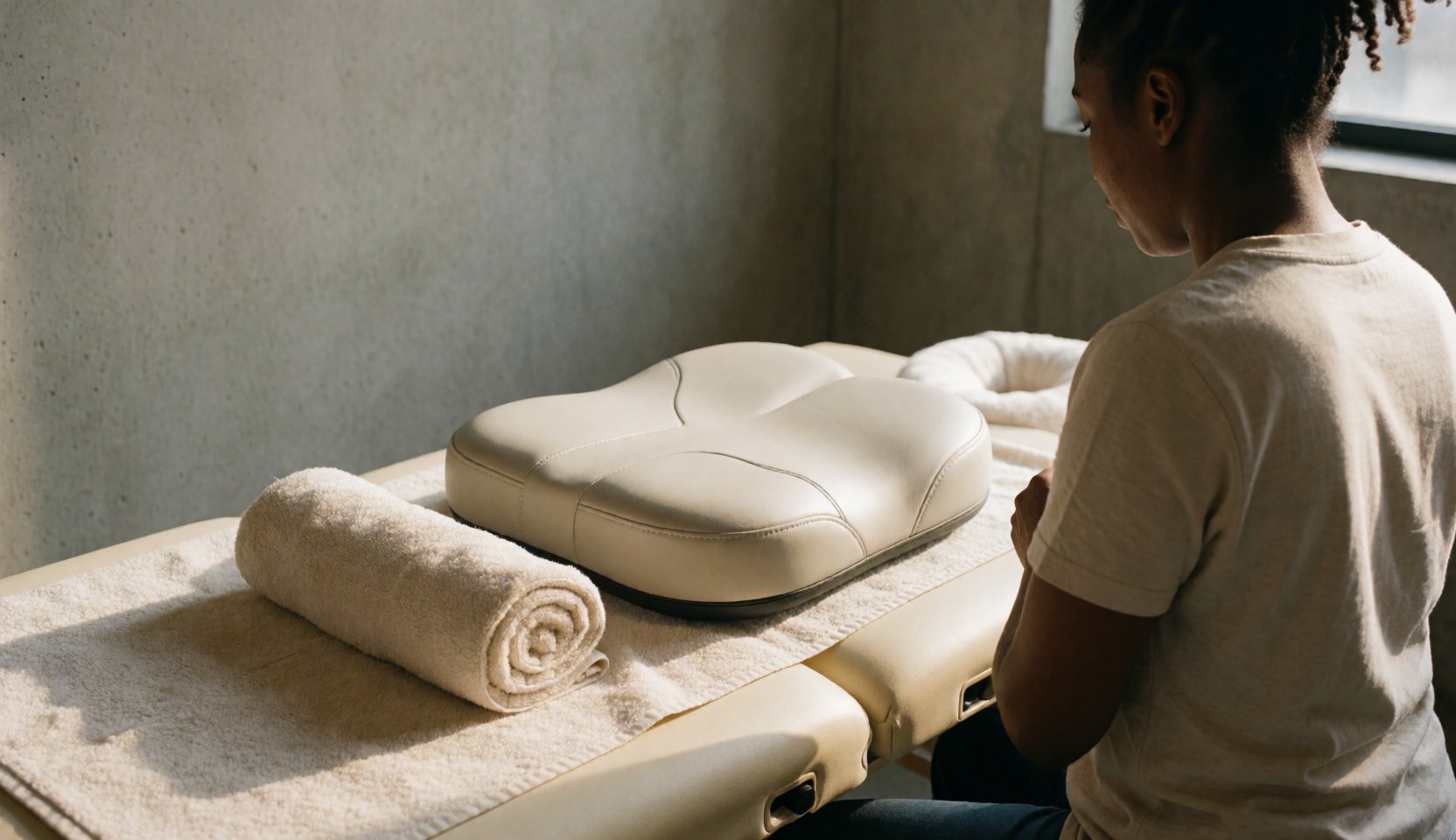 Coussin de soutien ergonomique placé sur une table de massage avec une serviette roulée à côté, devant un mur en béton baigné de lumière naturelle.