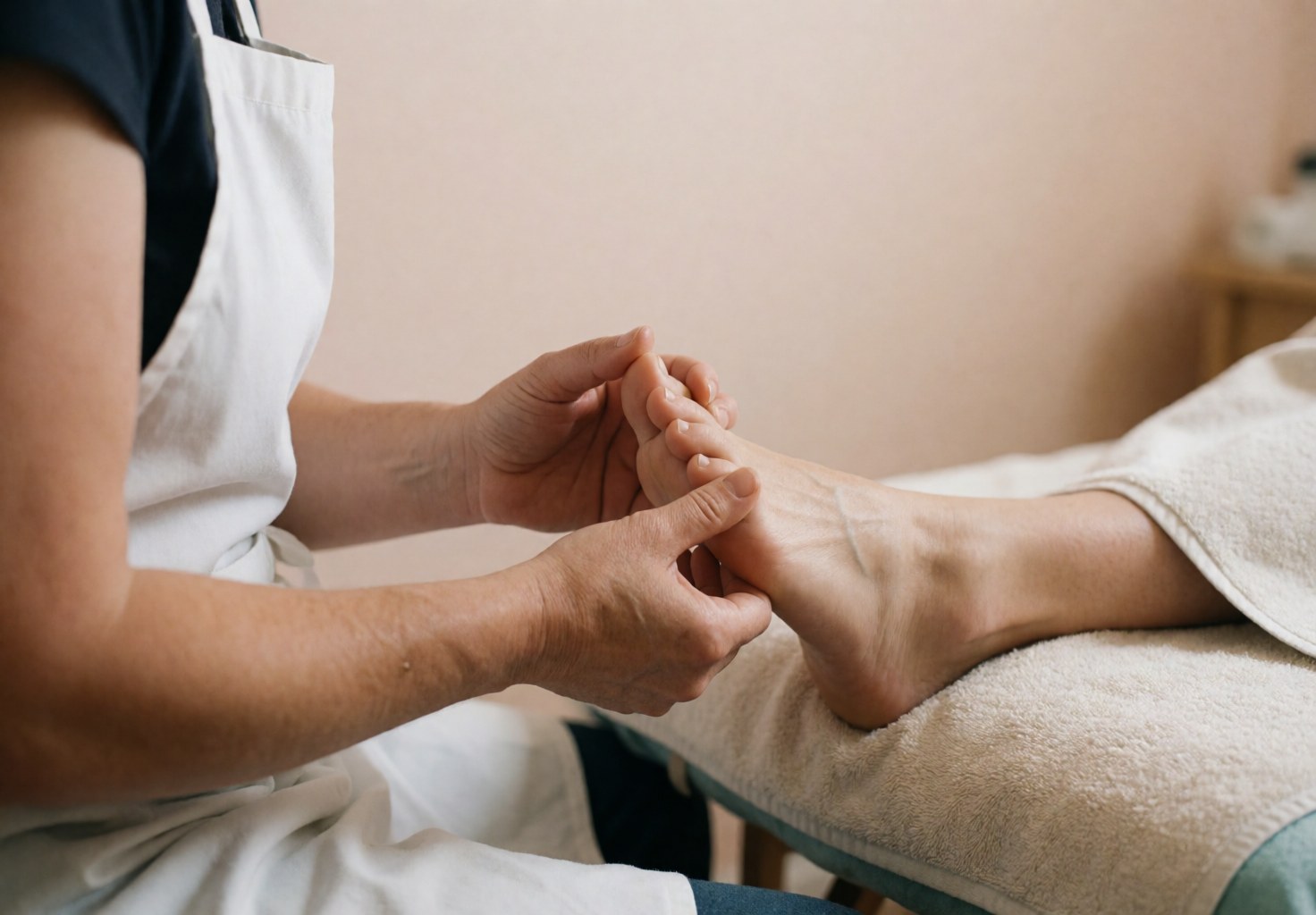 Un thérapeute en tablier blanc effectue un massage des pieds à un client dans un cadre de bien-être apaisant.