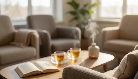 Salle d'attente dotée de chaises confortables, une table avec du thé, un livre et un diffuseur actif créant une ambiance relaxante et chaleureuse baignée de lumière naturelle.