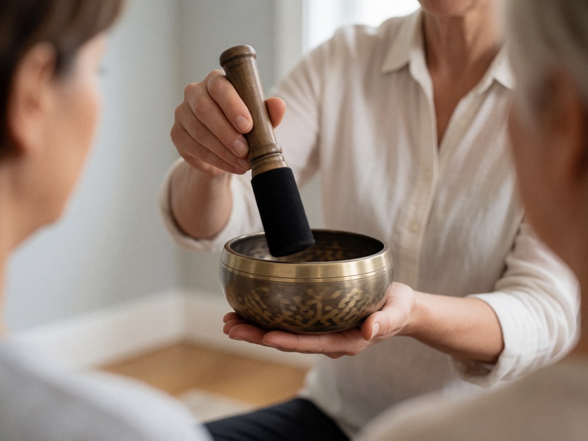 Personne jouant d'un bol de guérison avec un maillet, mains visibles, fond flou, lumière naturelle, murs gris clair, ambiance relaxante et professionnelle.