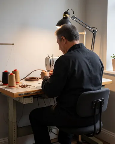 Vue rapprochée d'une station de travail dédiée à la couture avec des outils et du matériel disposés sur une table.