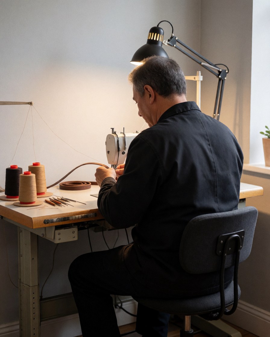 Vue rapprochée d'une station de travail dédiée à la couture avec des outils et du matériel disposés sur une table.
