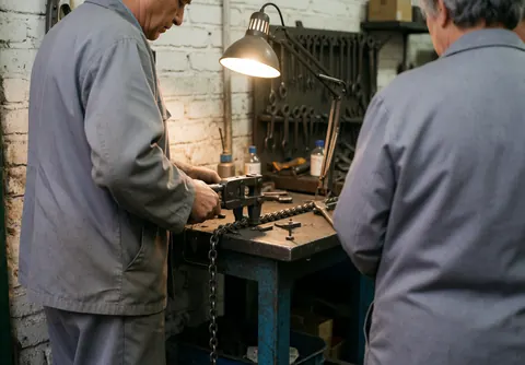 Un mécanicien effectue le remplacement de la chaîne d'un vélo en utilisant des outils spécifiques dans un atelier.