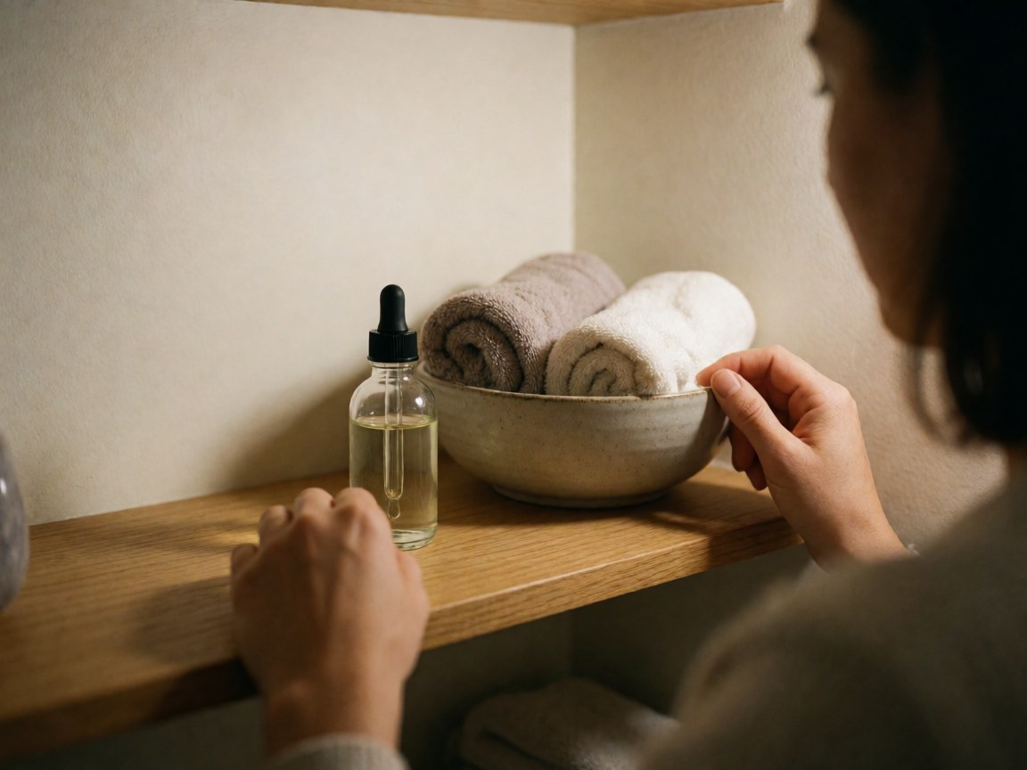 Mains préparant de l'huile de lavande et des serviettes chaudes sur une étagère en bois pour des massages relaxants.