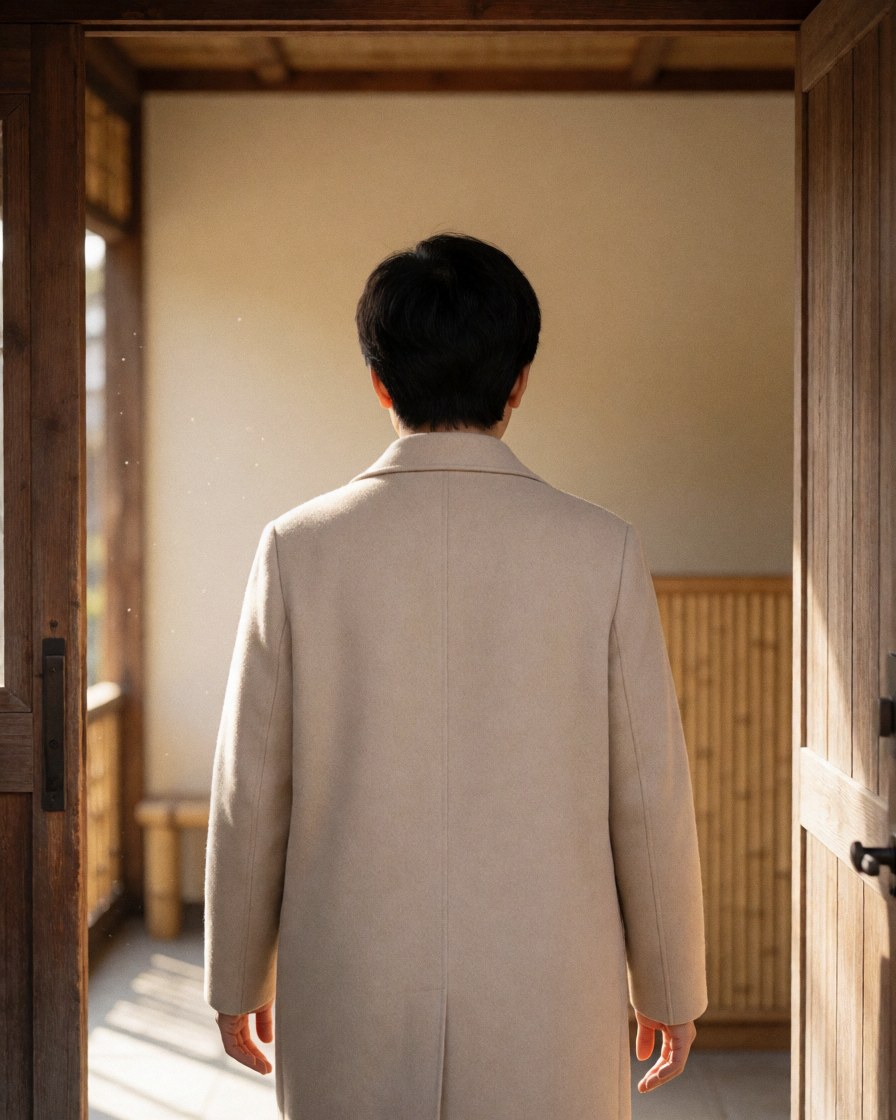 Une personne entre dans un espace intérieur lumineux aux tons beige et bois, évoquant calme et sérénité.