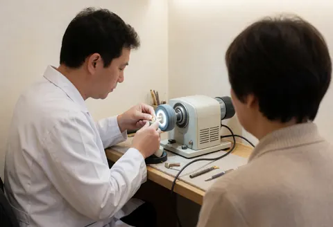 Un bijoutier effectue un polissage professionnel sur une bague dorée à l'aide d'une machine dans son atelier.