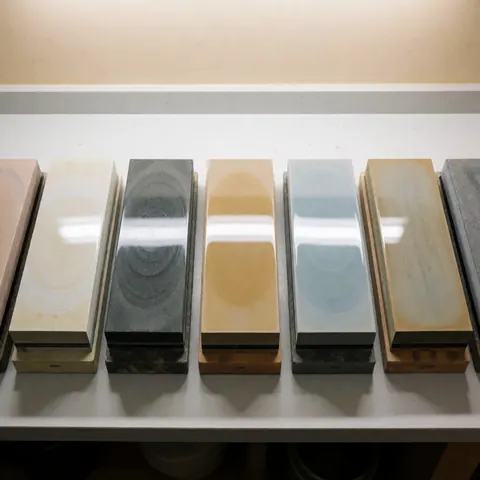 Des pierres à aiguiser de différentes couleurs et granulométries sont disposées en rangée sur une table de travail, reflétant la lumière et illustrant la précision du travail.