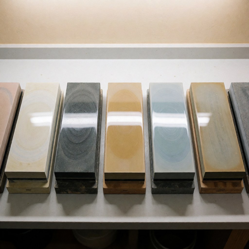 Des pierres à aiguiser de différentes couleurs et granulométries sont disposées en rangée sur une table de travail, reflétant la lumière et illustrant la précision du travail.