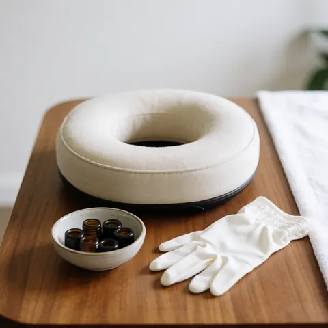 Une tête posée sur un support pour massage chiropratique, accompagnée de gants blancs et d'huiles essentielles sur une table en bois clair.