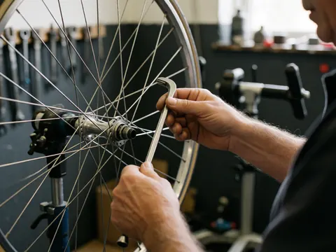 Mains d'un mécanicien utilisant une clé à rayons pour régler la roue d'un vélo dans un atelier, avec des outils et un support en arrière-plan.