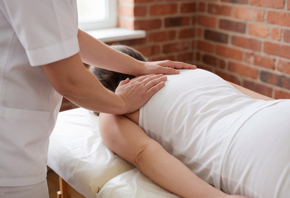 Un thérapeute en uniforme blanc effectue un massage de kneading latéral sur l'épaule d'un client allongé sur une table de massage dans un cabinet de chiropraxie.