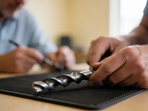 Gros plan d'une perceuse de précision posée sur une table de travail avec des mains effectuant une tâche, sur un fond flou d'atelier.