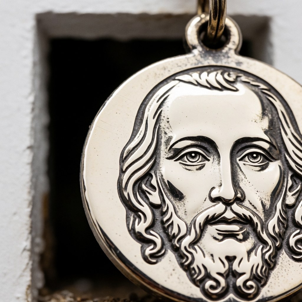 Gros plan sur une médaille San Judas Tadeo en métal poli avec gravure, montrant le saint patron des causes désespérées.