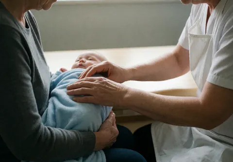 Un ostéopate aux mains expertes palpe le dos d'un bébé calme, enveloppé dans une couverture bleue et tenu par sa mère, dans un environnement clinique chaleureux.