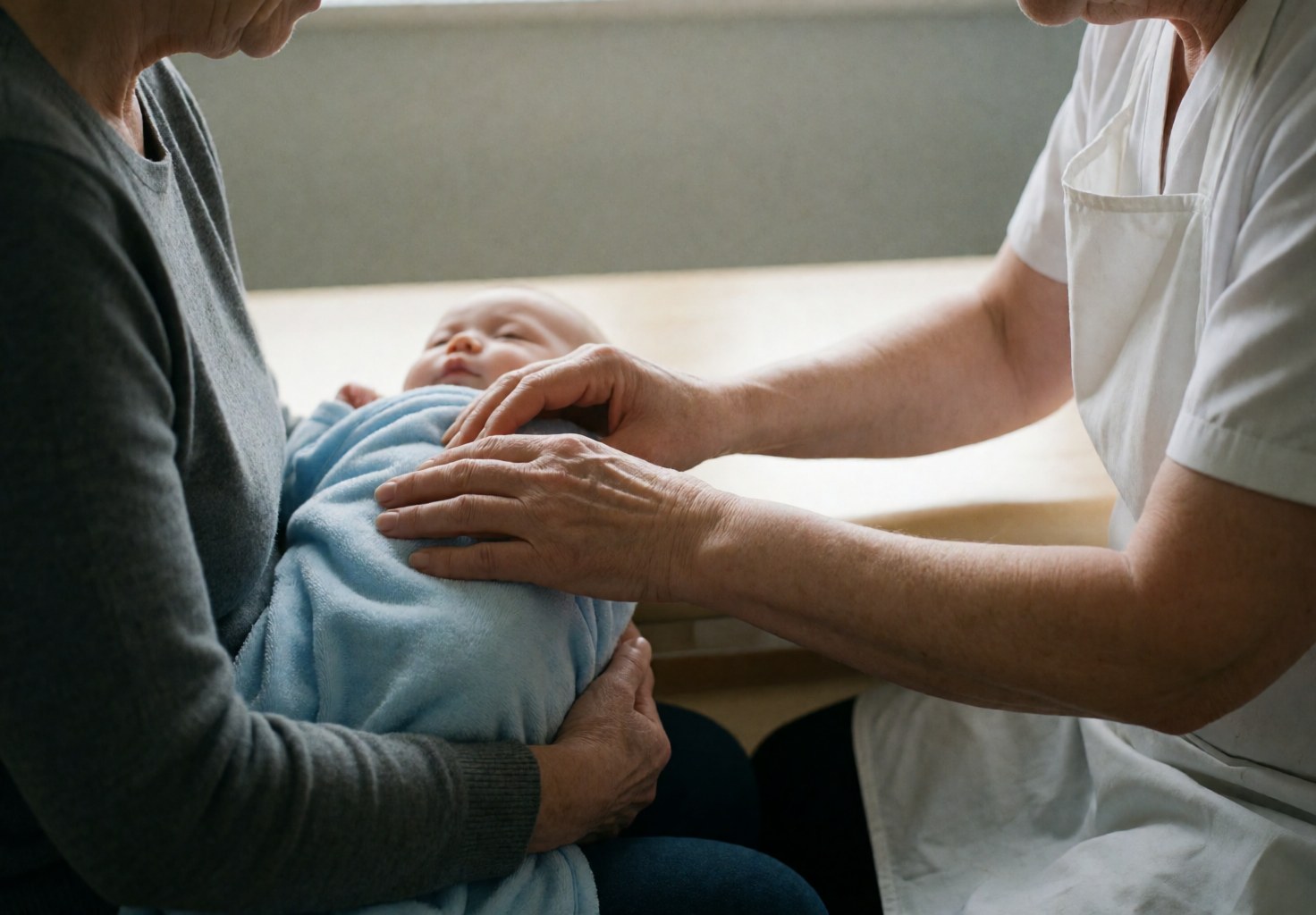 Un ostéopate aux mains expertes palpe le dos d'un bébé calme, enveloppé dans une couverture bleue et tenu par sa mère, dans un environnement clinique chaleureux.