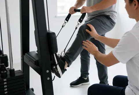 Un physiothérapeute accompagne le mouvement du genou d'un patient à l'aide d'une machine à poulies dans un cabinet professionnel et lumineux.