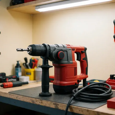 Perceuse à impact rouge et noire posée sur un établi avec son câble enroulé, lumière LED allumée et outils en arrière-plan dans un atelier.