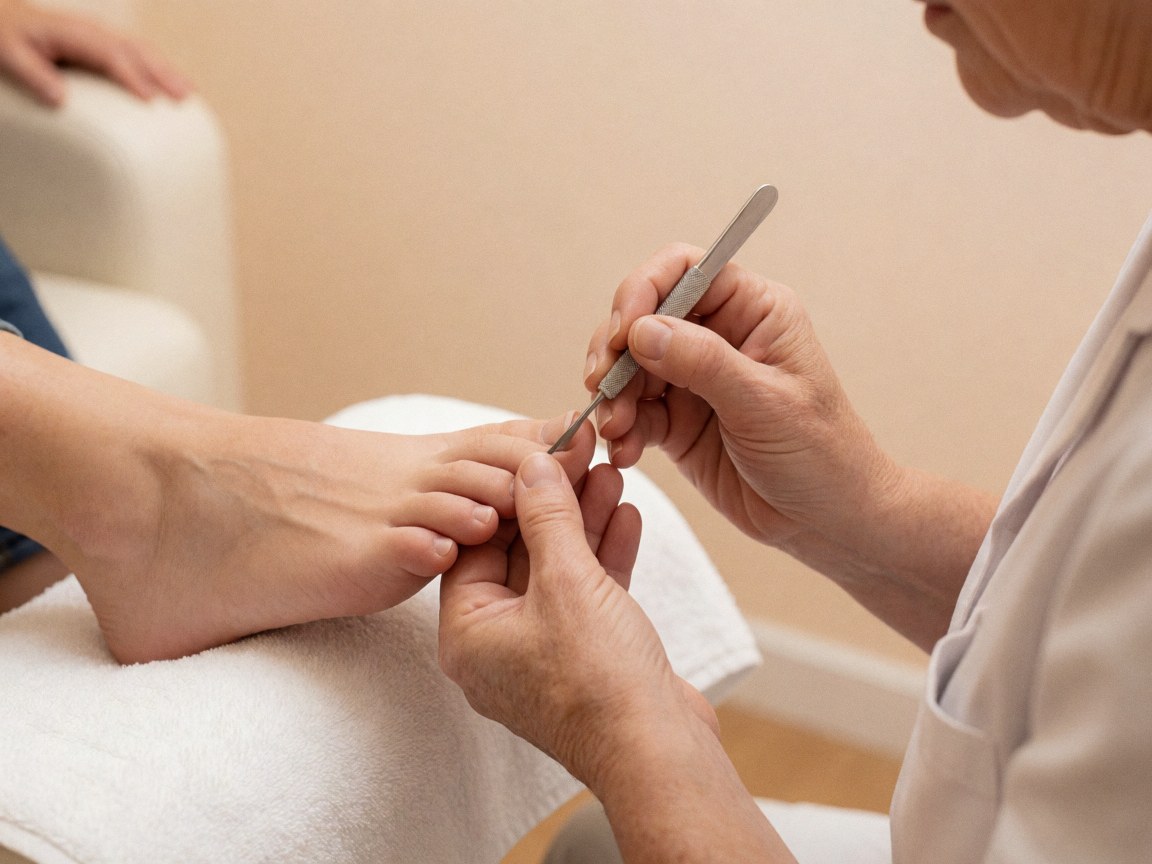 Podologue utilisant un outil pour polir les ongles d'un pied posé sur une serviette blanche dans un environnement professionnel et propre.