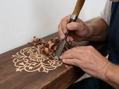 Gros plan montrant un motif floral sculpté à la main sur une surface en bois foncé, illustrant le travail artisanal de précision.