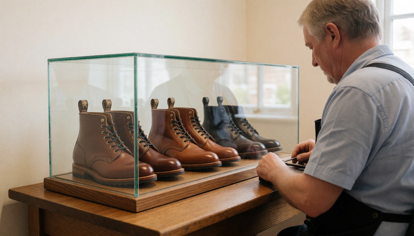 Un cordonnier restaure des bottes en cuir dans une vitrine en verre, montrant son travail avec des outils et du bois.