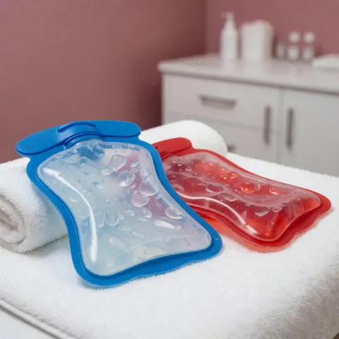 Deux packs de gel réutilisables, un bleu pour la thérapie froide et un rouge pour la chaleur, posés sur une serviette blanche dans un cadre médical.
