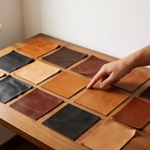 Des échantillons de cuir posés sur une table en bois avec une main indiquant un ton marron sous un éclairage chaleureux, idéal pour la maroquinerie.