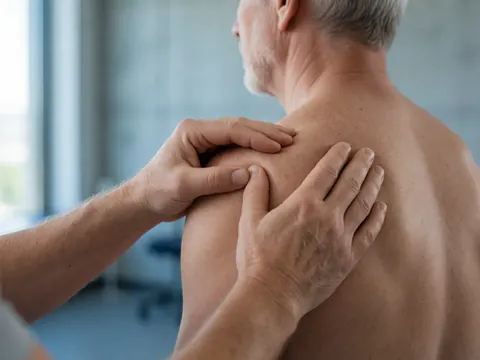 Mains d'un ostéopate effectuant une thérapie manuelle profonde sur la zone des épaules et du dos pour soulager les tensions musculaires.