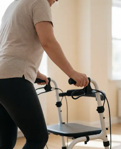 Une femme adulte marche avec un déambulateur blanc dans un espace de rééducation, vêtue de sport, sous une lumière naturelle, dans un cadre professionnel et motivant.