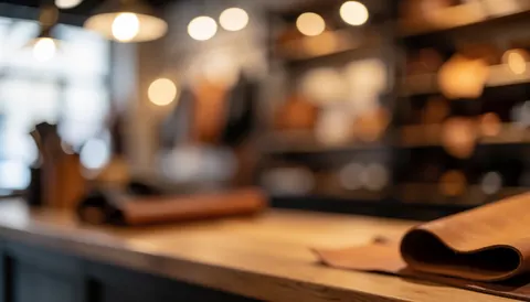 Gros plan montrant un travail de couture artisanale sur du cuir, disposé sur un fond en bois naturel avec un effet de flou artistique et une lumière douce.