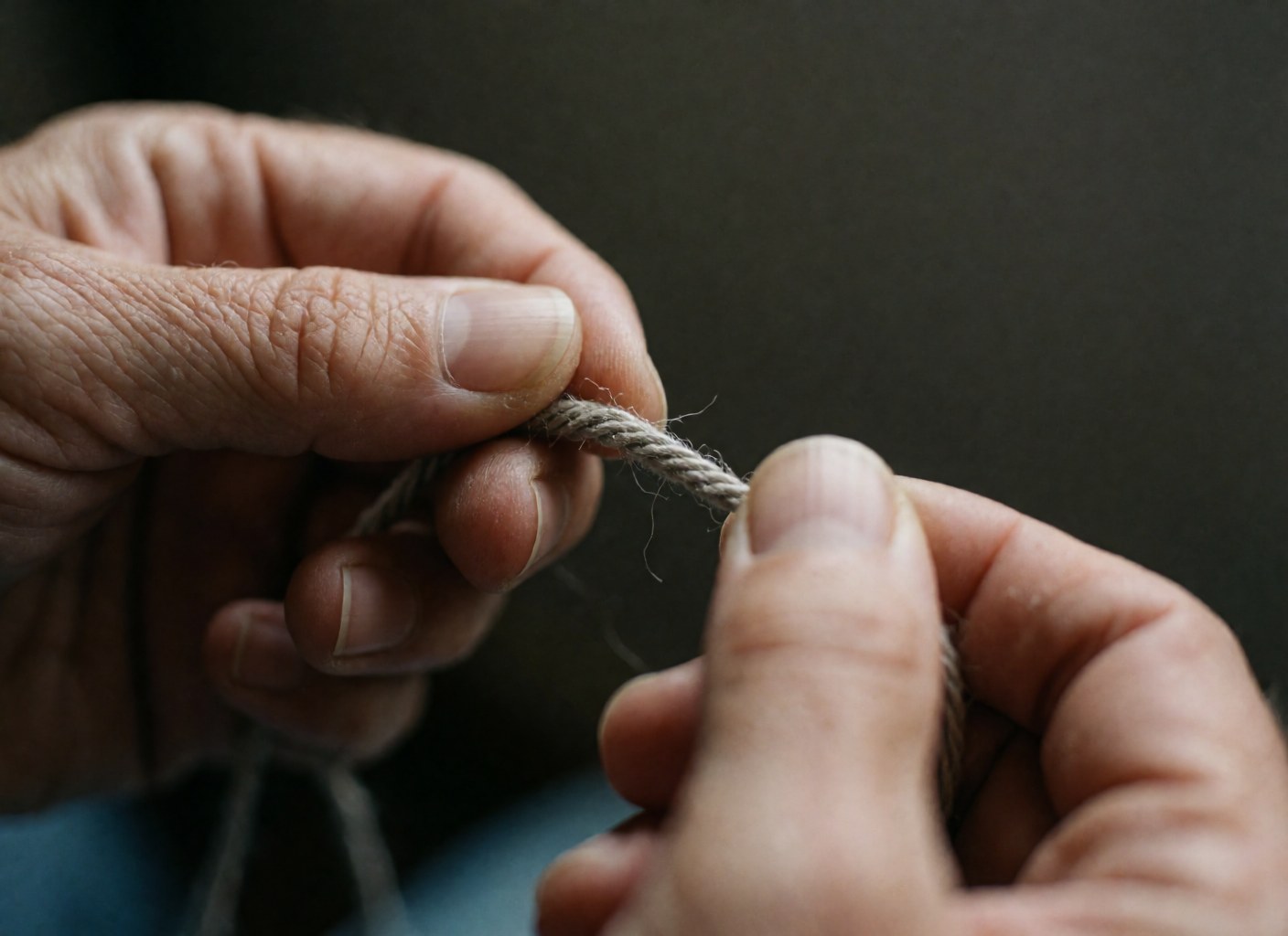 Gros plan d'une fibre de fil de lin ciré sur un fond sombre, mettant en valeur la texture et les détails du matériau utilisé par un artisan.