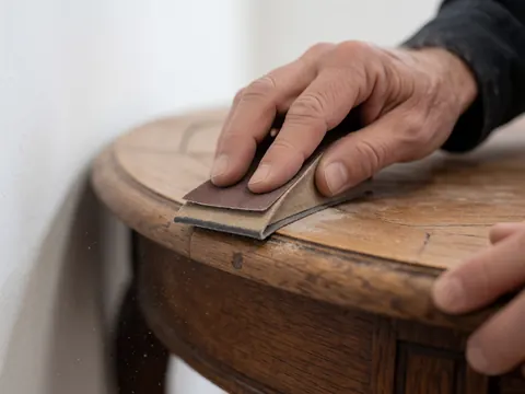 Gros plan montrant une main tenant un papier abrasif pour poncer délicatement la surface d'une table en bois ancien, mettant en valeur les détails de la restauration artisanale.