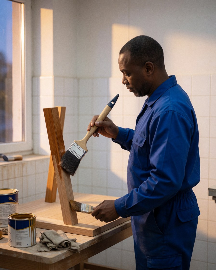 Un menuisier professionnel portant un uniforme bleu applique soigneusement du vernis sur une surface en bois dans son atelier, profitant de l'éclairage naturel provenant d'une fenêtre.