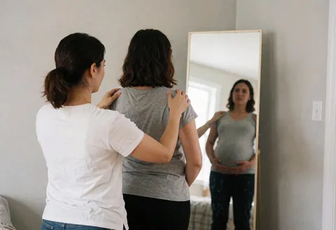 Une thérapeute aide une femme enceinte à corriger sa posture devant un miroir dans une pièce aux murs gris et à la lumière naturelle.
